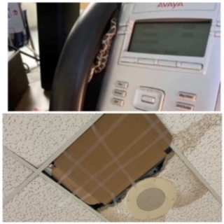 Ceiling repair after mouse fell out of the ceiling in HC teacher Paul Browns room (bottom). Snake in between phone and phone holder after falling out of the ceiling in HC teacher Nathan Spaldings room (top). 