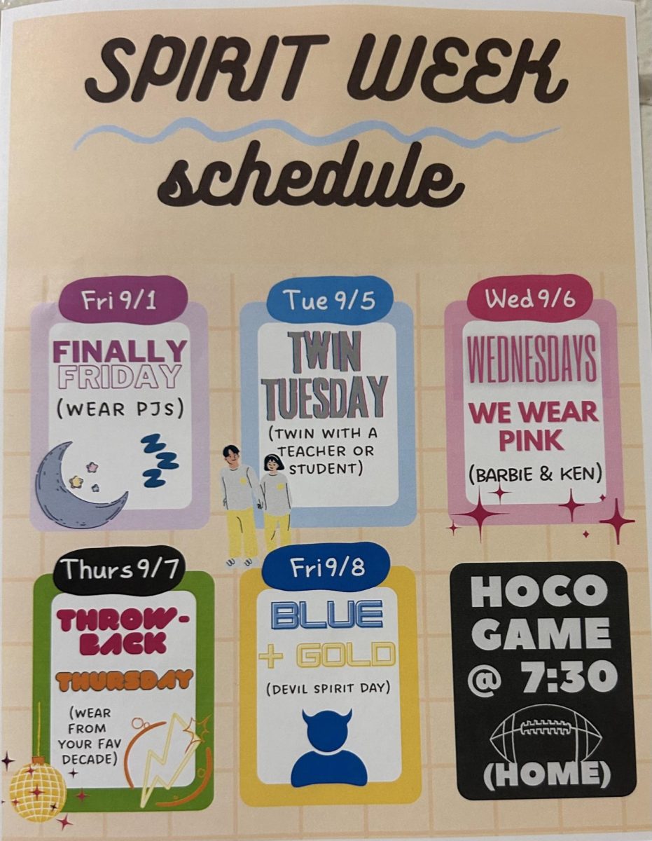 HC spirit week schedule leading up to homecoming football game on September 8th.