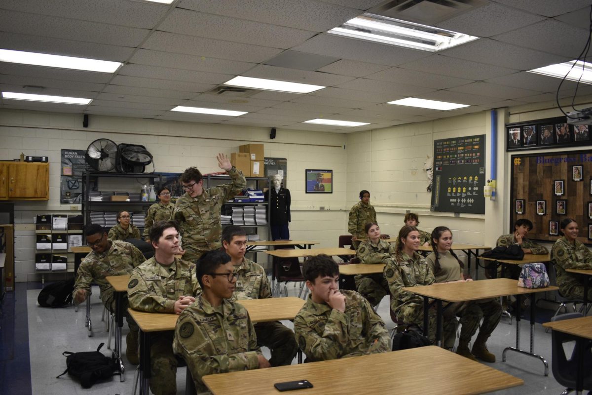 A class full of JROTC students working during their class period. 