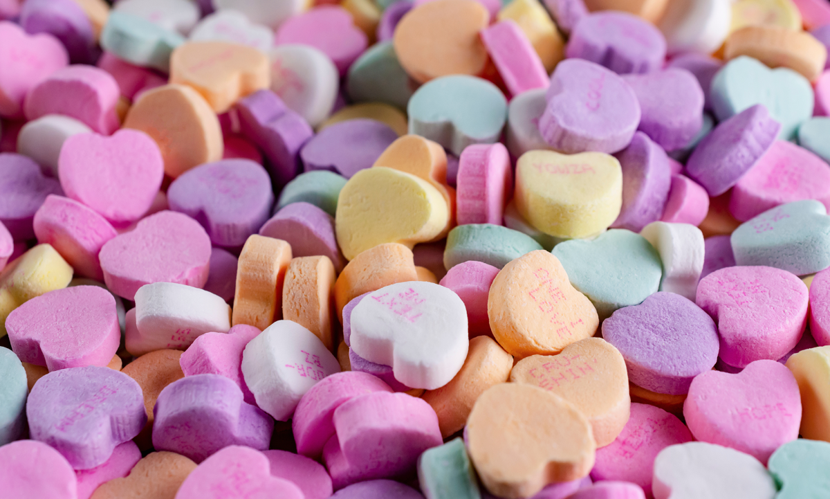 Popular Conversation Hearts sold during Valentines Day time.