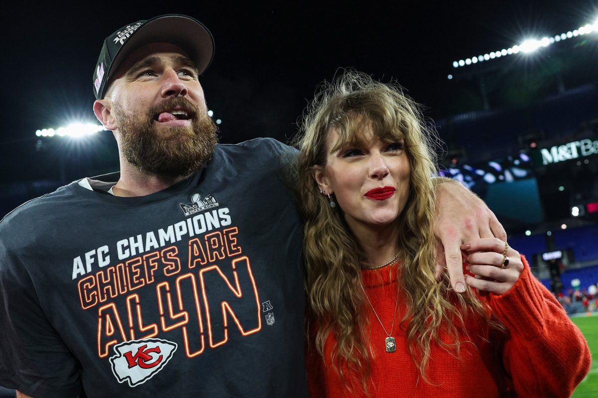 Travis Kelce and Taylor Swift pictured after the AFC Championship.
