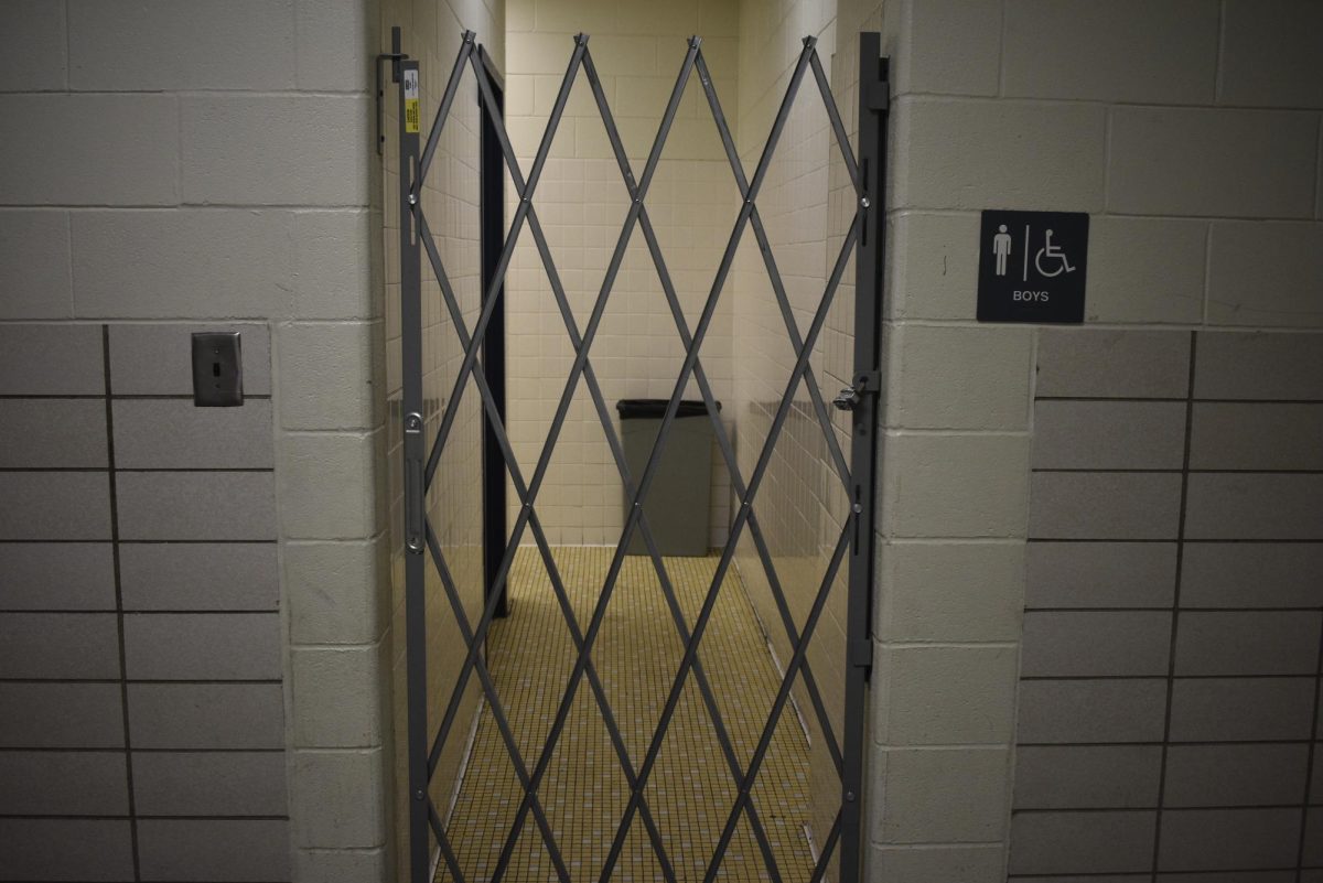 The downstairs boys' bathroom is locked during the class transition period.