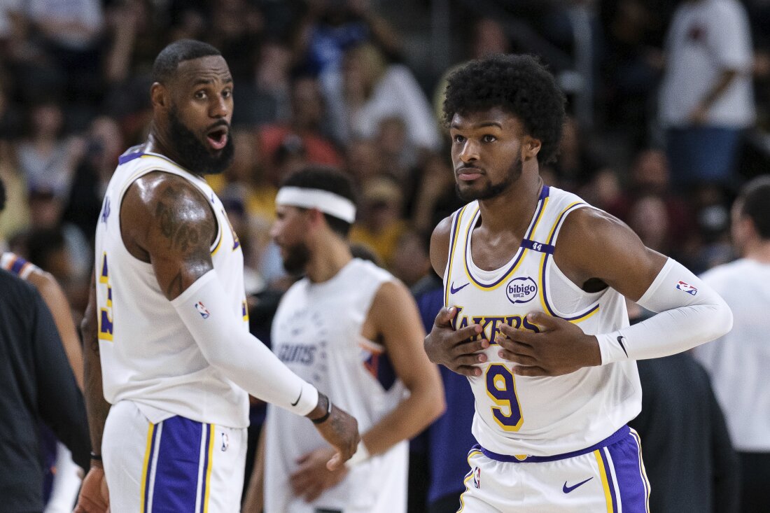 LeBron and Bronny on the floor as Lakers together