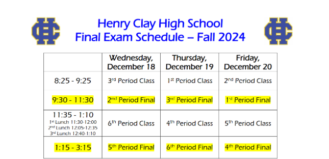 Adapted schedule for finals week at HC.