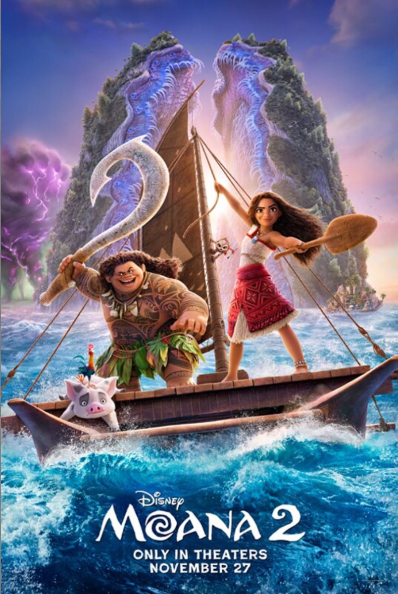 The Moana 2 movie poster displays characters from the movie. 