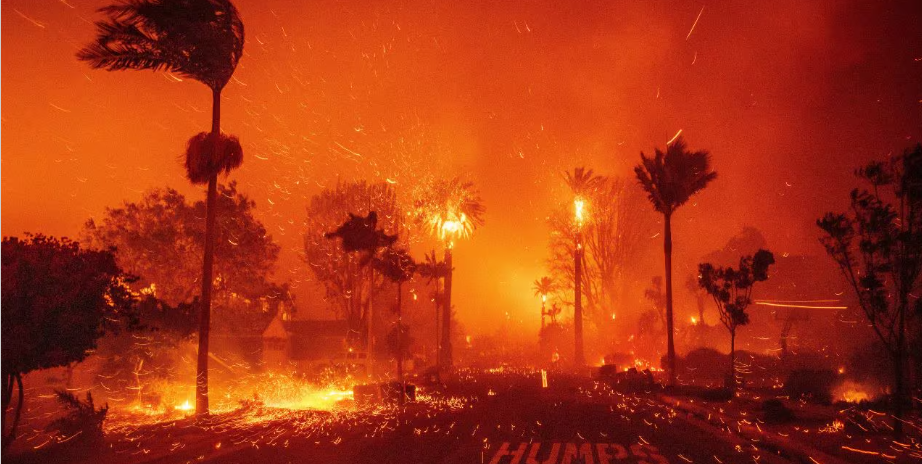 The Palisades Fire burns through a neighborhood in Pacific Palisades, Los Angeles.