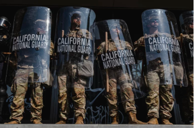 National Guard standing outside a Federal Building on June 9 in downtown Los Angeles, protecting it.
