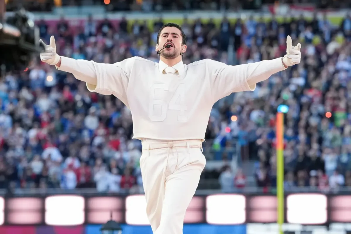 Bad Bunny during his halftime performance at Super Bowl LX. 