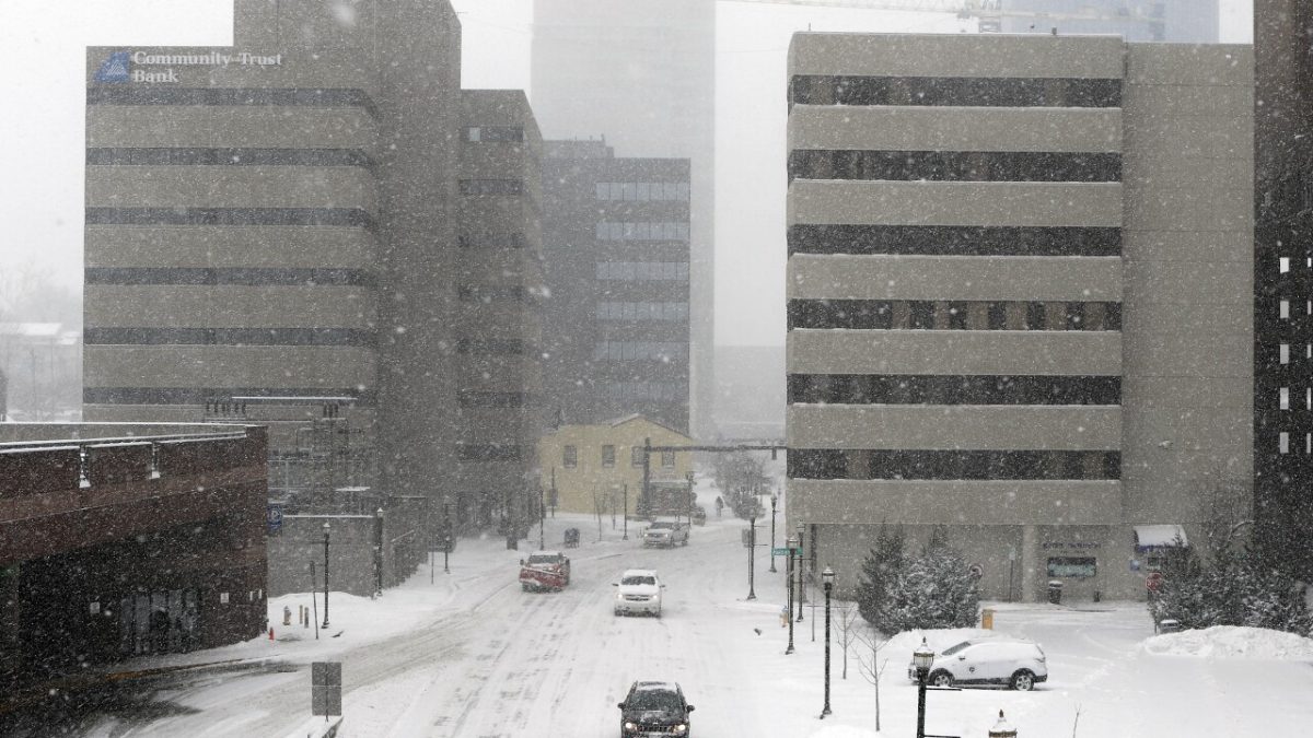 Downtown Lexington is covered in snow.
