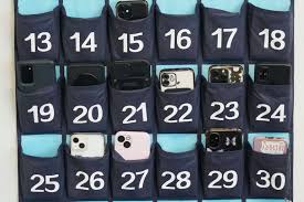 Phone pouches that are in many school classrooms. 